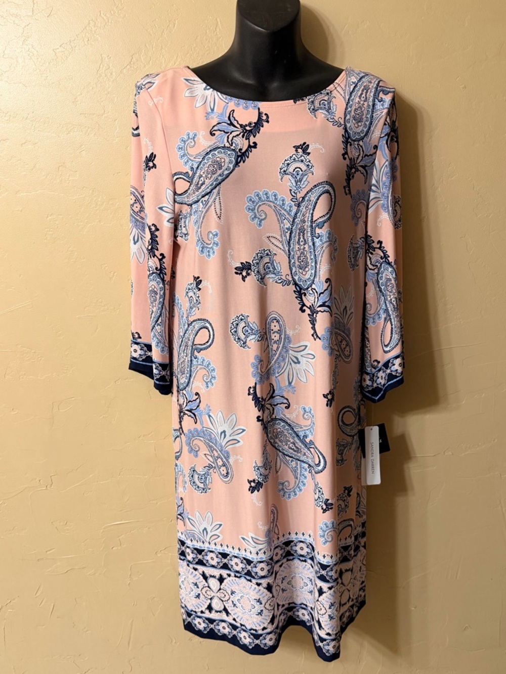 Sandra Darren Pink Paisley Midi Dress with Navy Trim